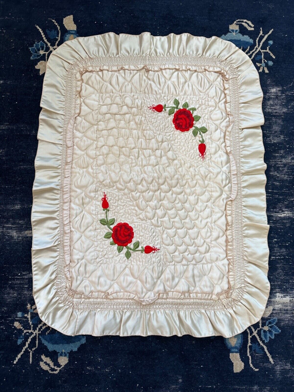 Two Vintage 1940s Quilted Satin Pillowcases w/ Embroidered Red Roses Boudoir