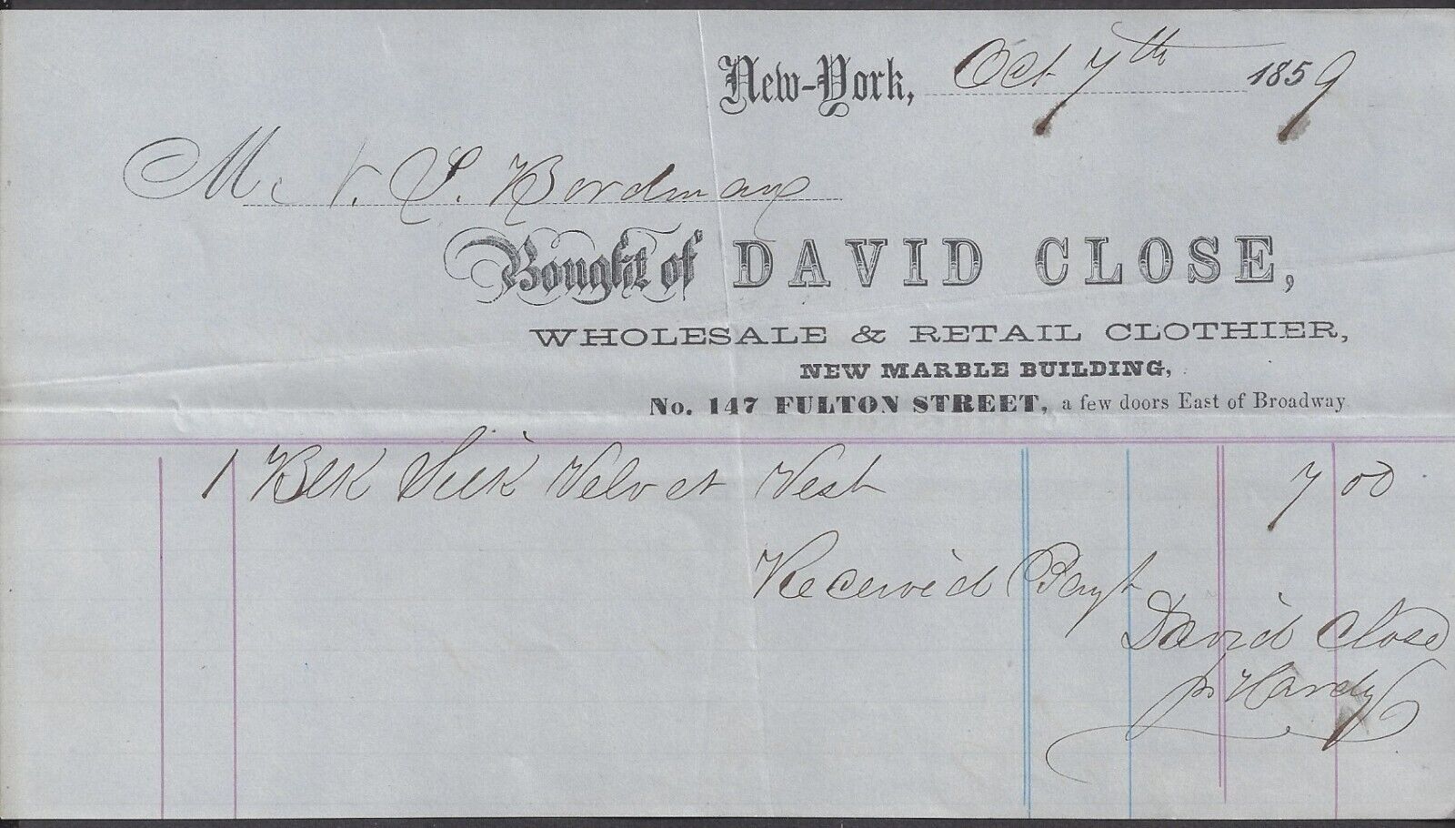 NEW YORK ~ DAVID CLOSE, Wholesale & Retail Clothier ~ BILLHEAD 1859