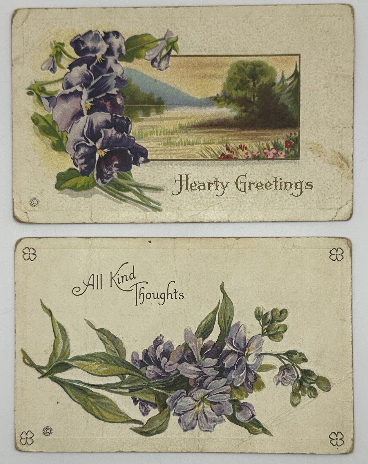 1907-1915 Greetings Postcard Lot Of 2 Purple Flowers All Kind Thoughts