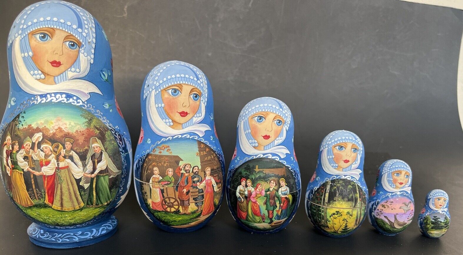 7 Russian Matryoshka Nest Dolls Hand Paint Turquoise Jewel 7 DIFFERENT Tales 8\