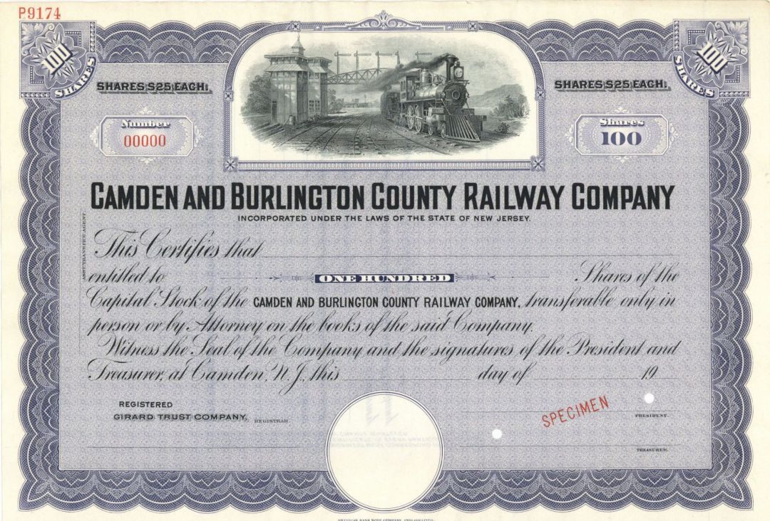 Camden and Burlington Railway Co. - Specimen Stock - Specimen Stocks & Bonds