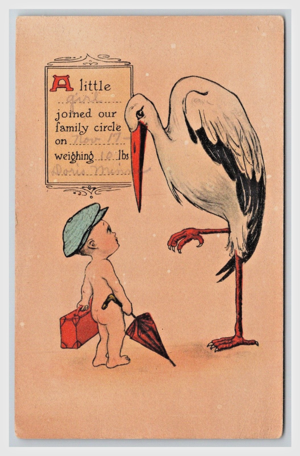 Stork newborn baby announcement 1914 cute