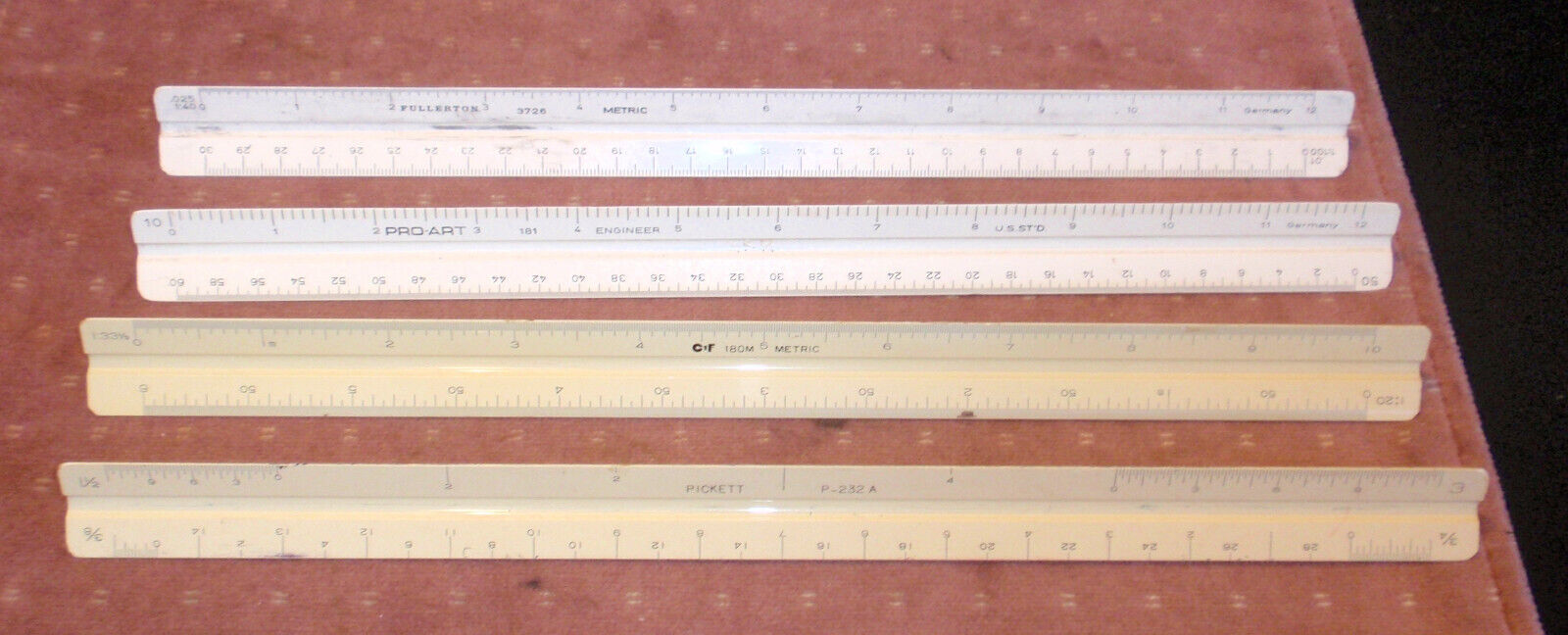 4 Vintage Architect Scale Triangular Drafting Rulers PRO-ART Fullerton Pickett