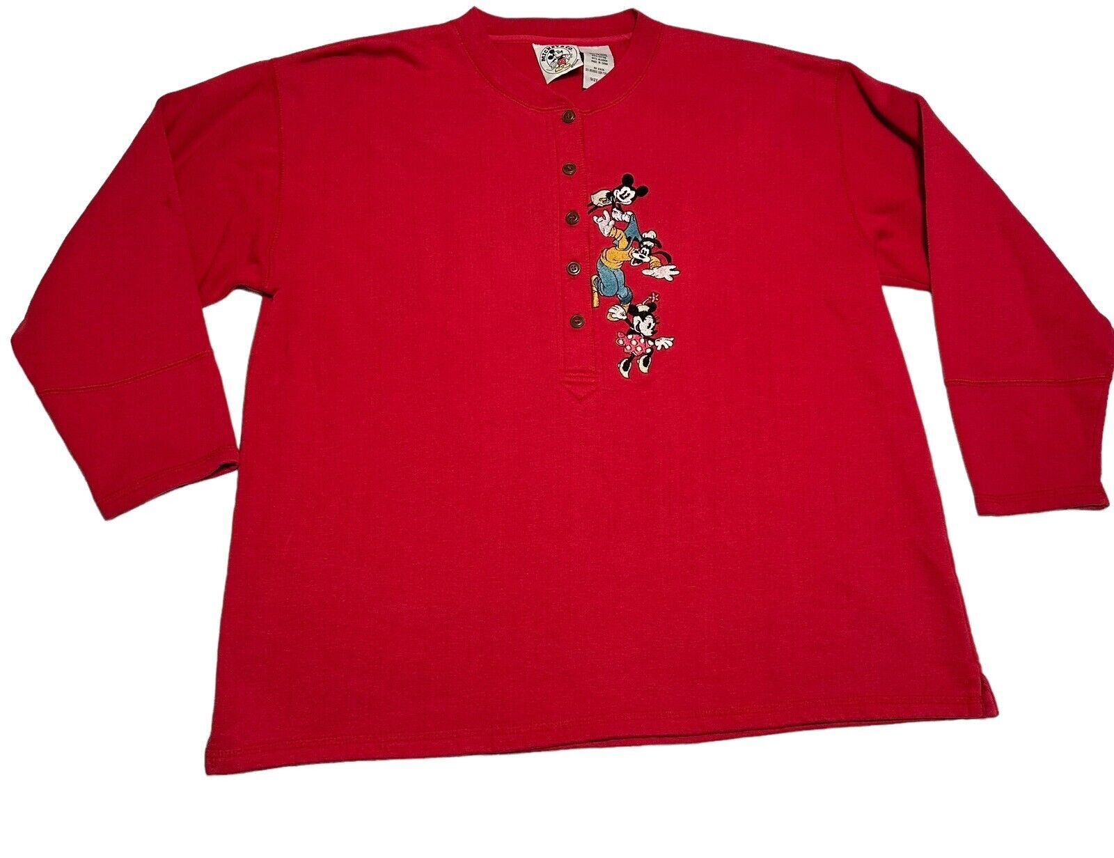 Vintage Disney Mickey & Co Red Crew Neck Button Sweatshirt Size L Minnie Goofy