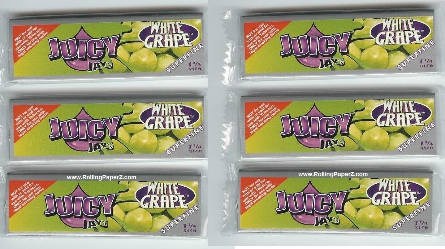 Juicy Jay\'s White Grape flavored rolling papers Super Fine 1 1/4 Size 6 Pack NEW