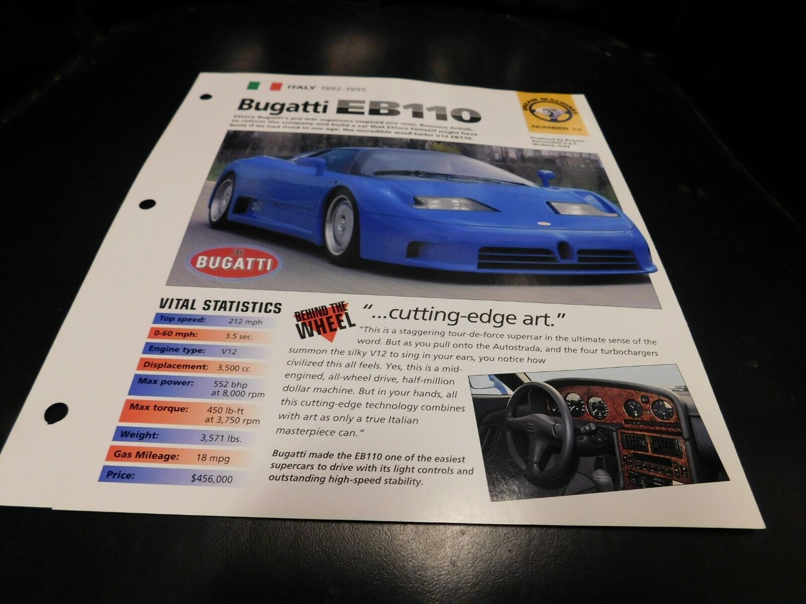 1992-1995 Bugatti EB110 Spec Sheet Brochure Photo Poster 1993 1994