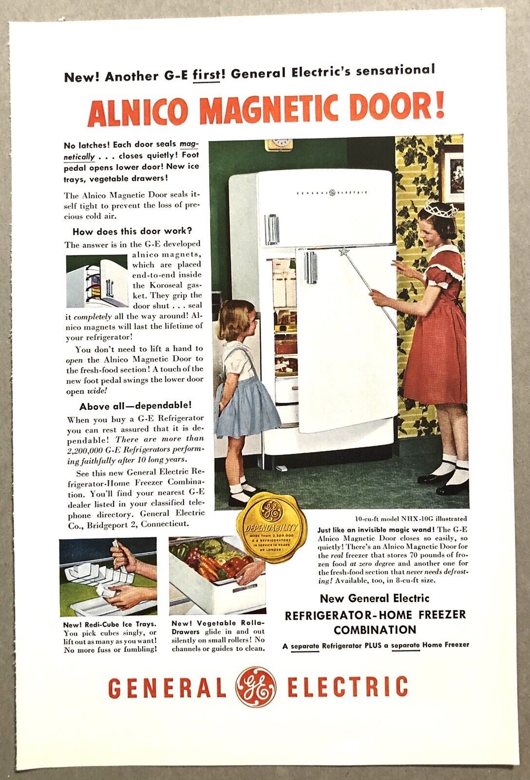 Vintage 1950 Original Print Advertisement Full Page - GE Alnico Magnetic Door