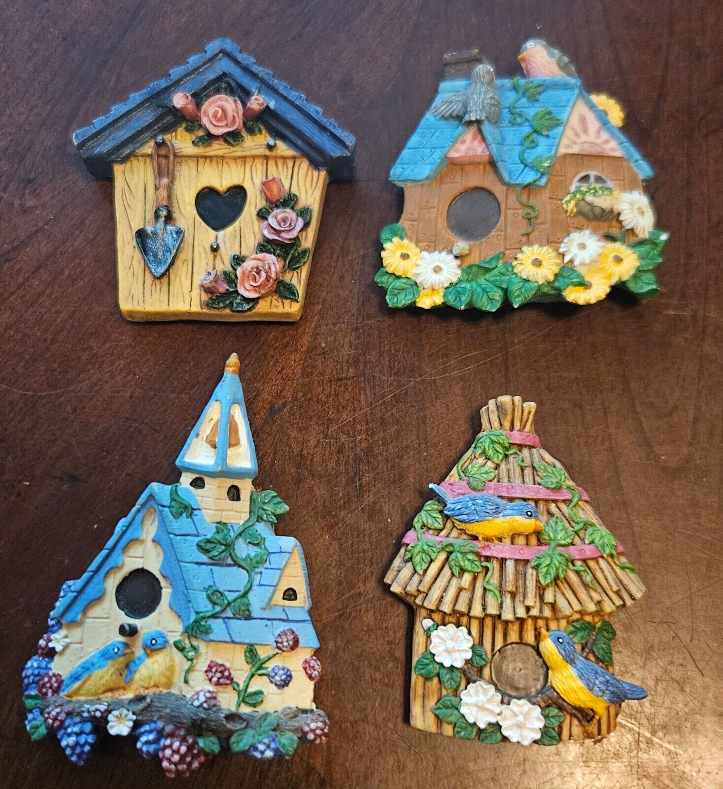 Lot Of 4 Birdhouse Refrigerator Magnets Resin Country Decor