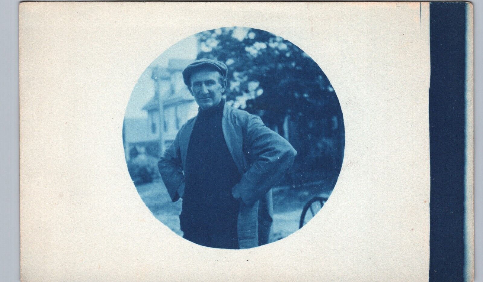MAN IN HAT & SWEATER c1910 cyanotype real photo postcard rppc candid portrait