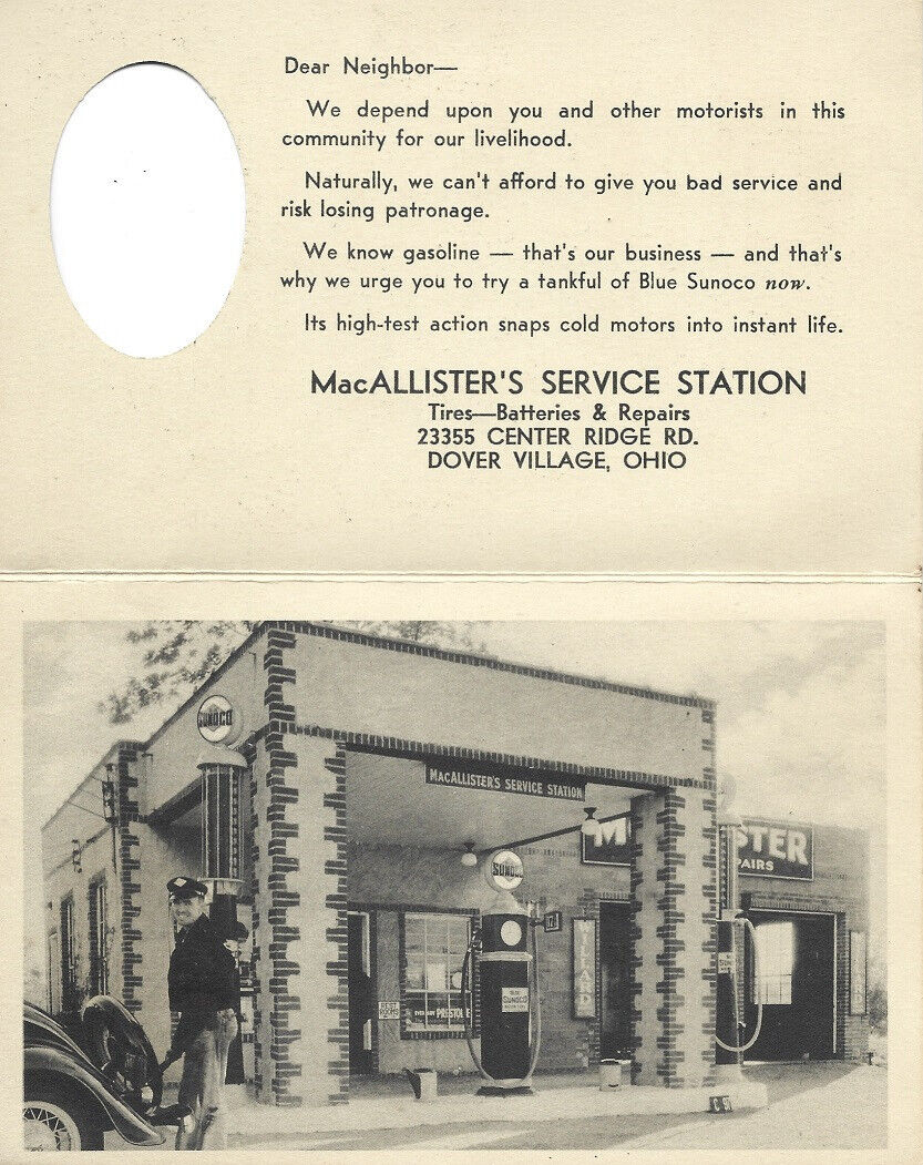 Vtg Dover Village (now Westlake) OH Gas Station Adv Postcard Pre-1940 See descr
