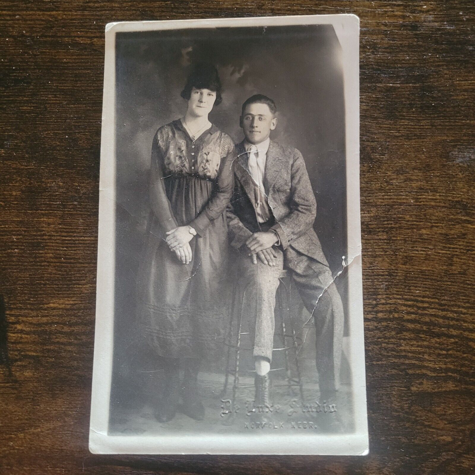 Antique RPPC Young Couple Studio Photo 1910-30 Norfolk Nebraska Postcard 