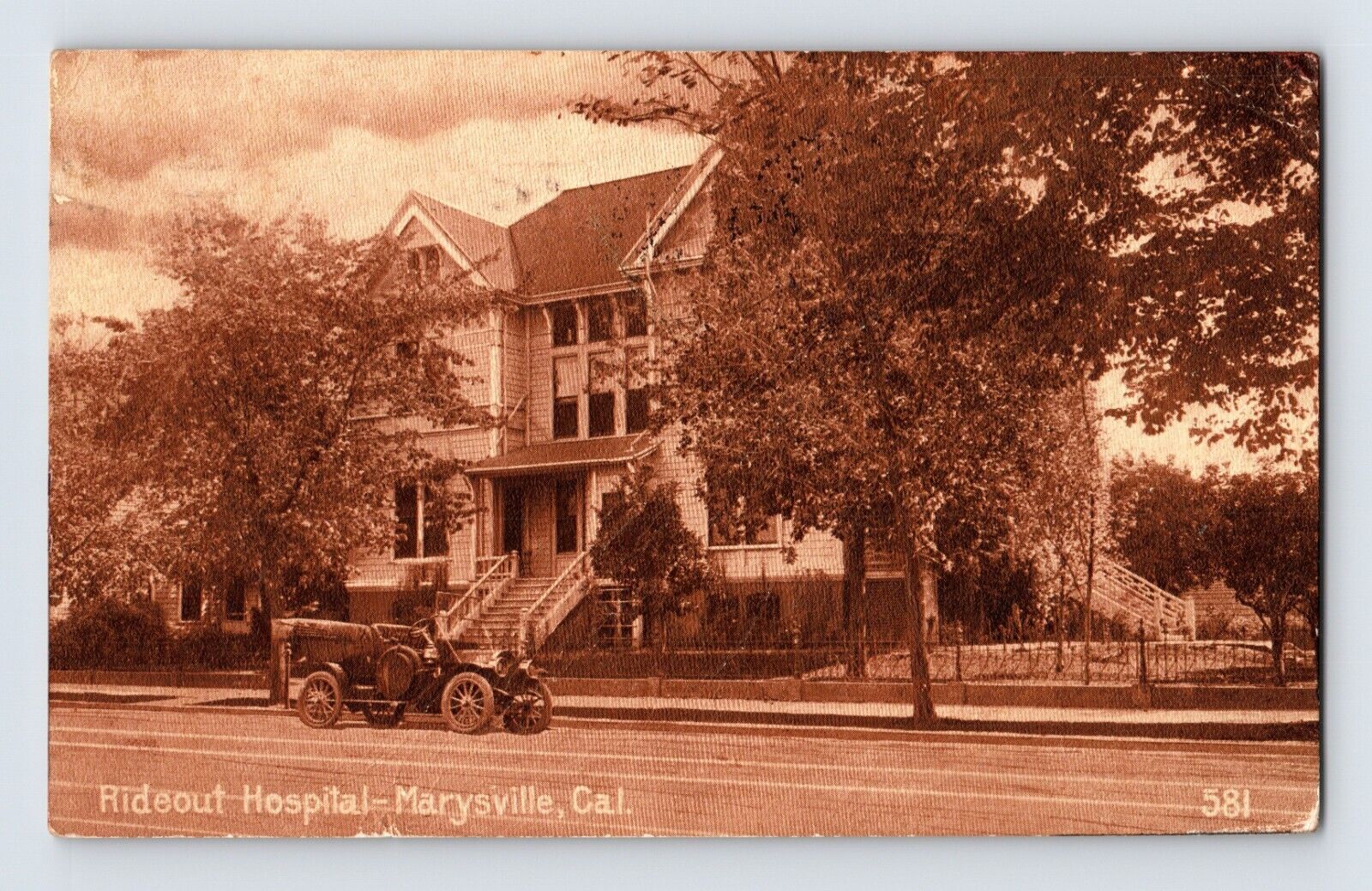 Postcard California Marysville CA Rideout Hospital Sepia Car 1911 Posted