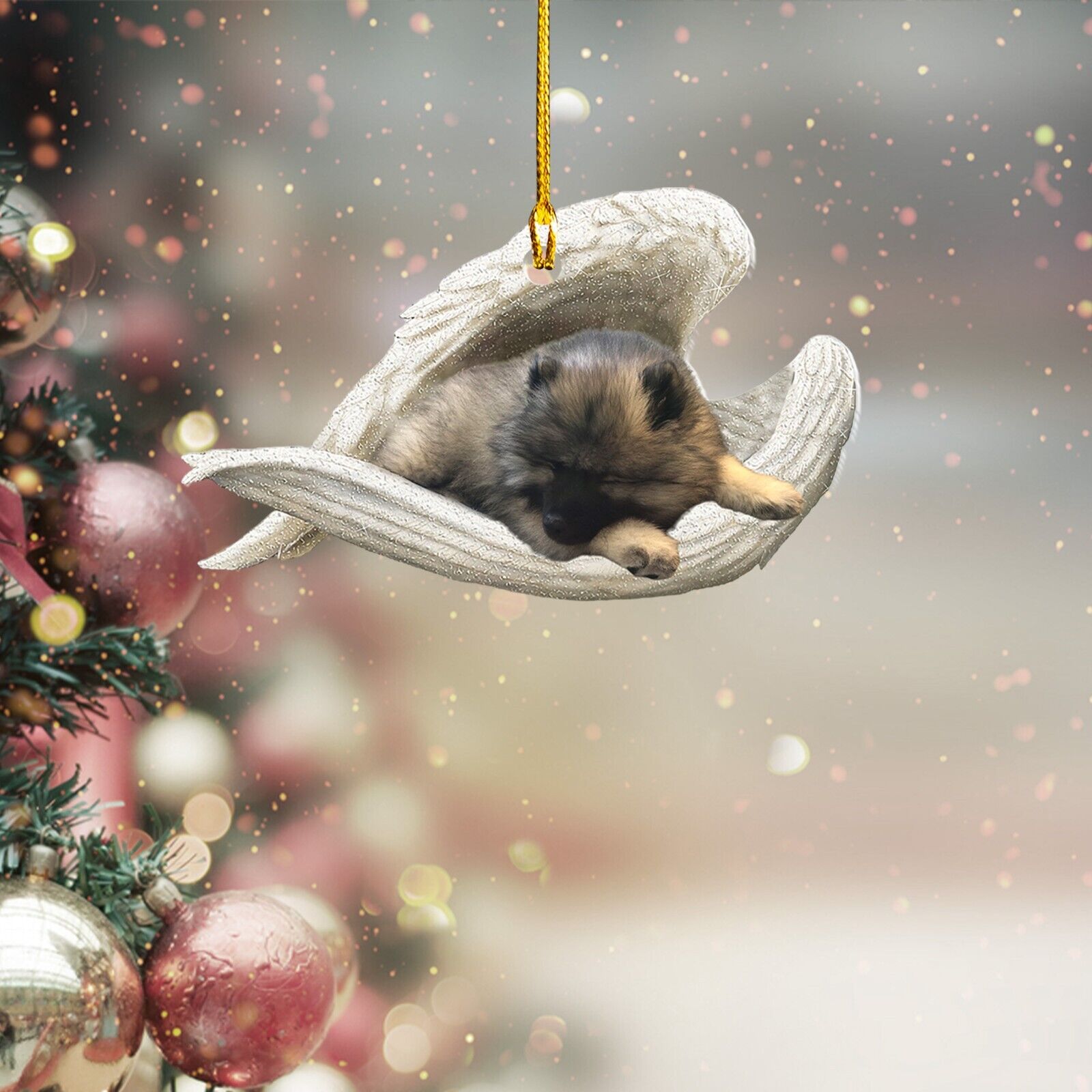 Keeshond Dog Sleeping Angel Wing Christmas Ornament, Dog Memory Decor