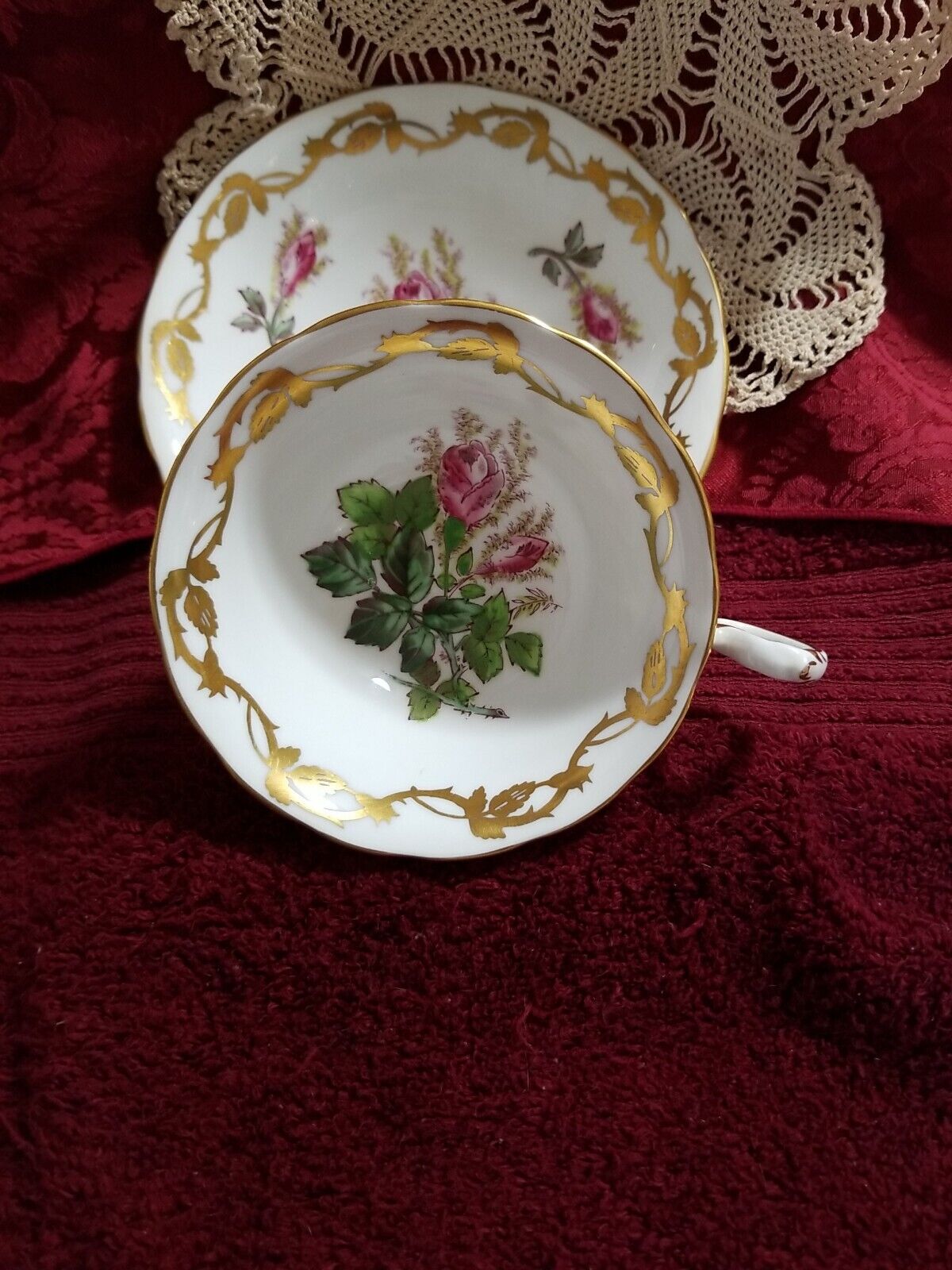 Royal Chelsea Bone China Tea Cup & Saucer,  Moss Rose Large Made In England