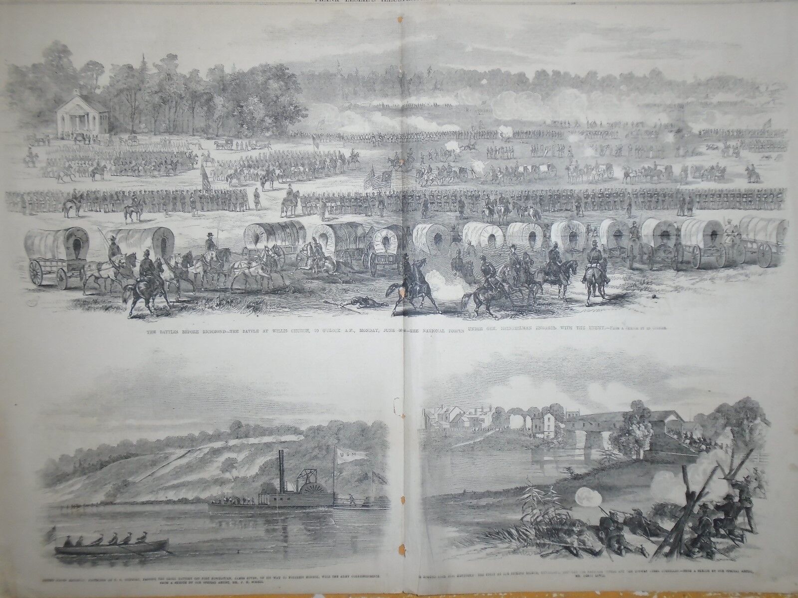 1862 Leslie\'s Weekly Centerfold-Battle of Willis Church; Morgan Raid in Kentucky