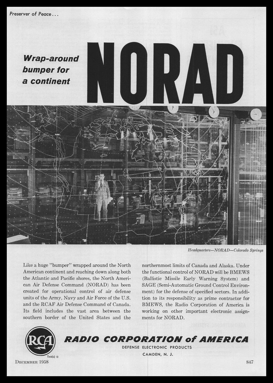 1958 RCA Defense Electric Products NORAD Colorado Springs CO Photo Print Ad