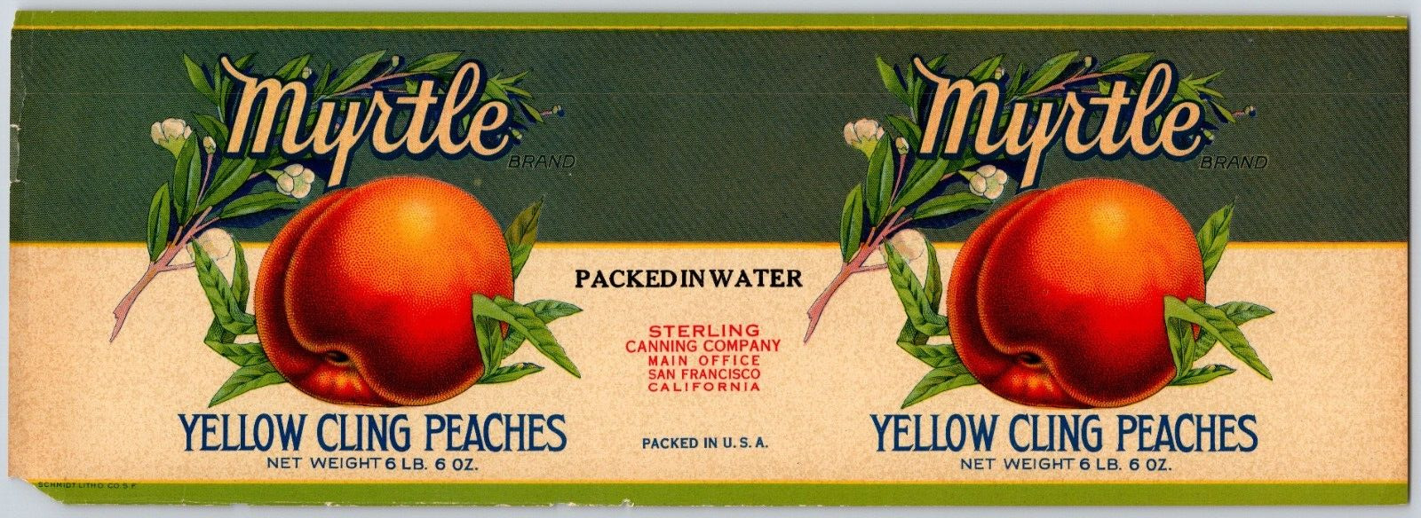 Yellow Cling Peaches Myrtle Brand Sterling Canning Paper Can Label c1930\'s