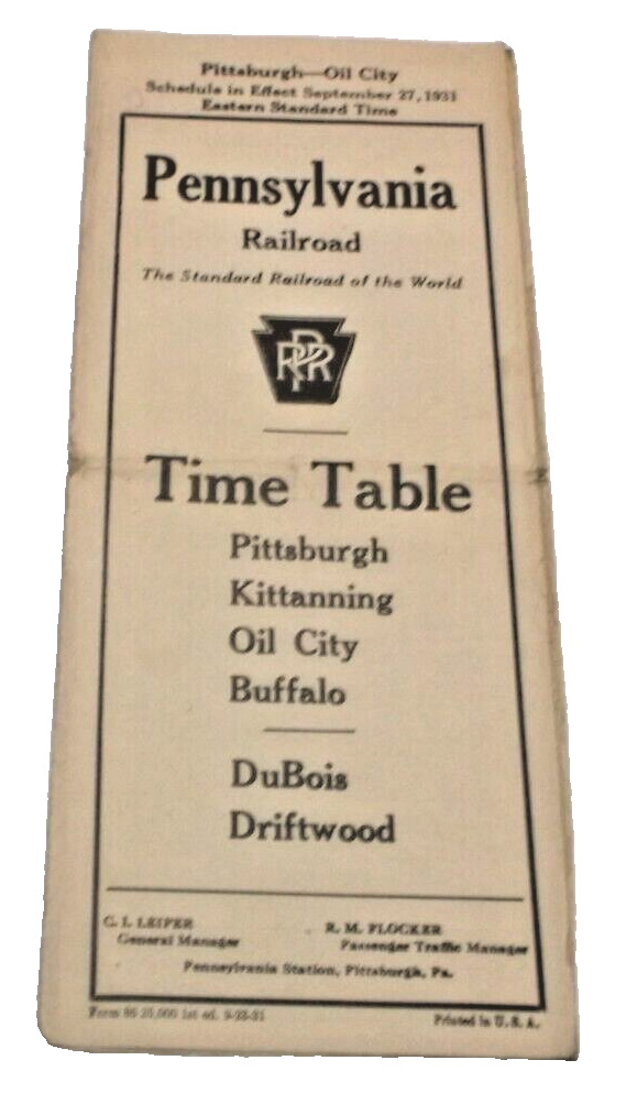 1931 PRR PENNSYLVANIA FORM 86 PITTBURGH OIL CITY BUFFALO PUBLIC TIMETABLE