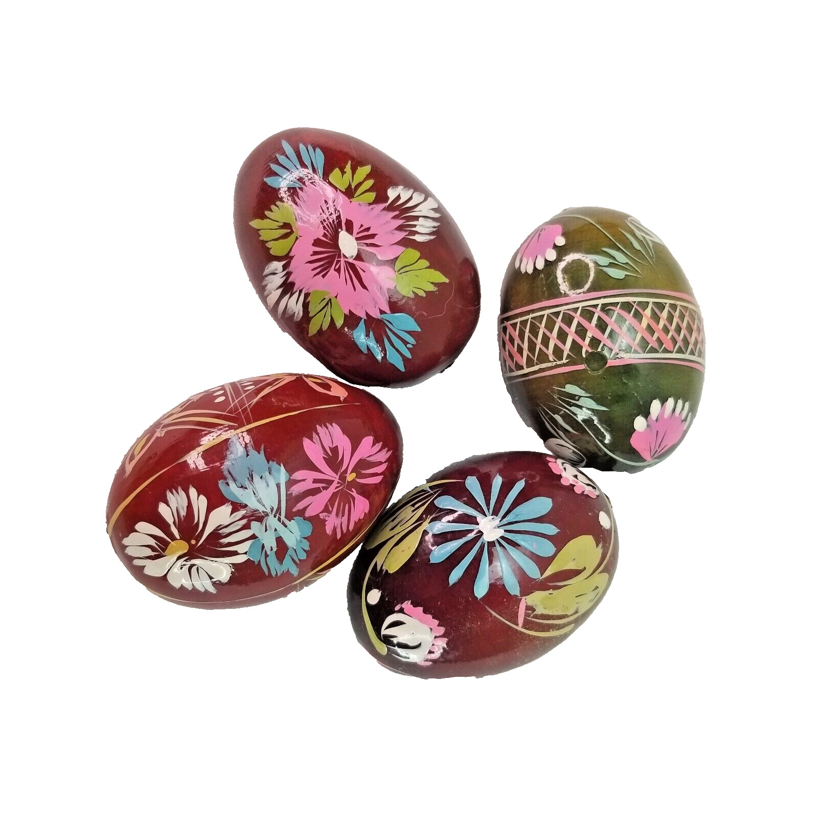 Vintage Hand Painted Wood Easter Eggs LOT OF 4 pink blue white green flowers
