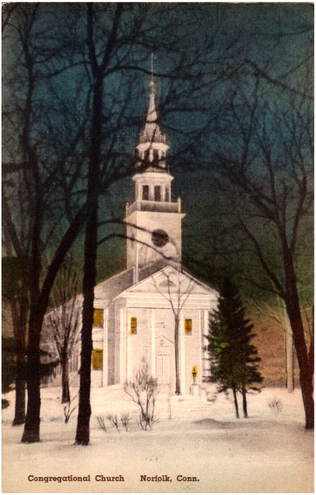 Congregational Church at Night Norfolk Connecticut 1910s Handcolored Postcard