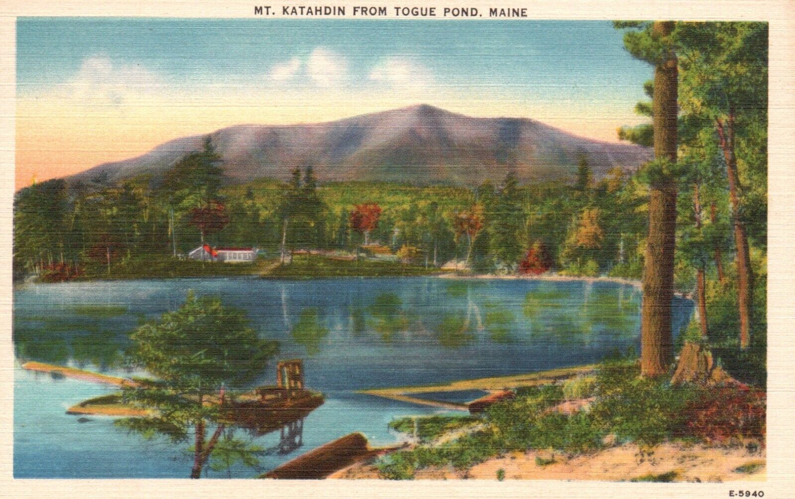 Postcard ME Mt Katahdin from Togue Pond Maine Unposted Linen Vintage PC J2897