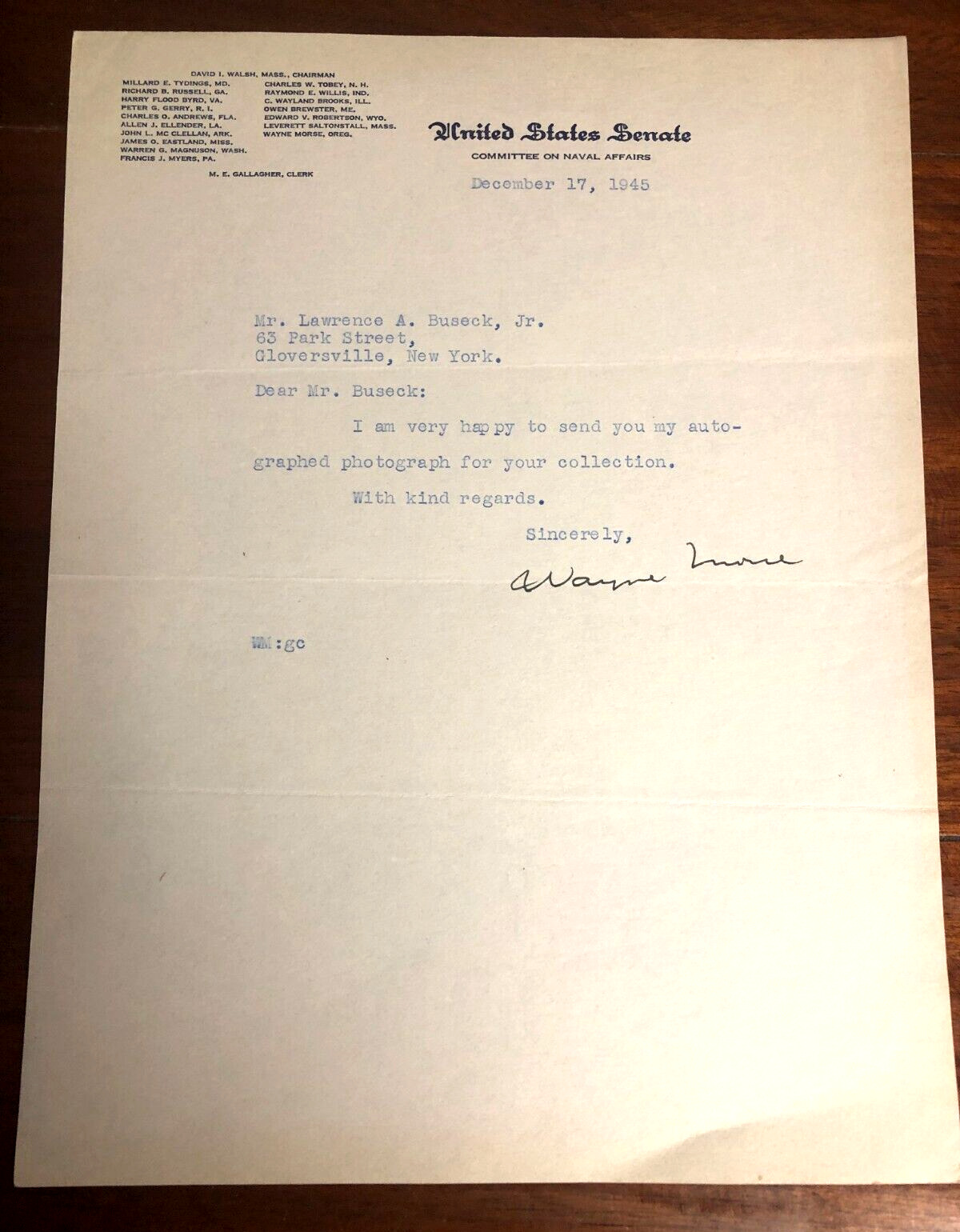 1945 Wayne Lyman Morse Signed Letter U.S. Senator from Oregon