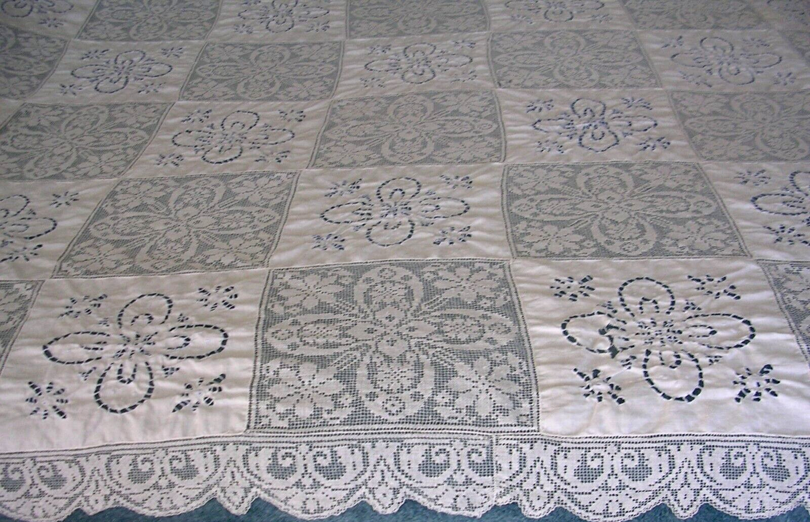ANTIQUE CUT OUT WORK AND LACE TABLECLOTH LARGE 60 X 134 INCHES COTTON PRE-0WNED