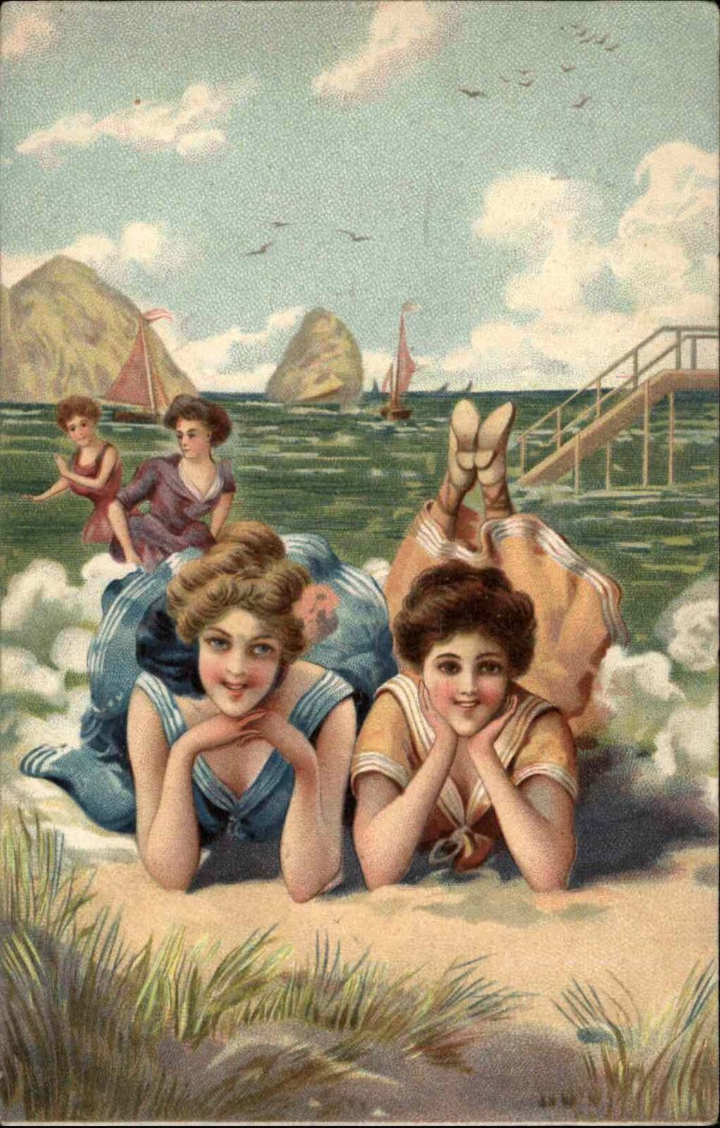 Bathing Beauty Beautiful Women on Beach Waves c1910 Vintage Postcard