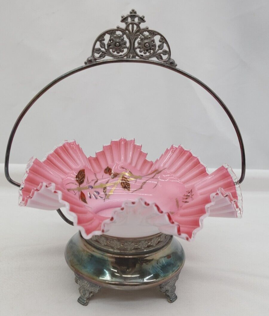 Antique Bridal Basket Ruffled Pink Glass Bowl w/ Silver Holder Base   VY