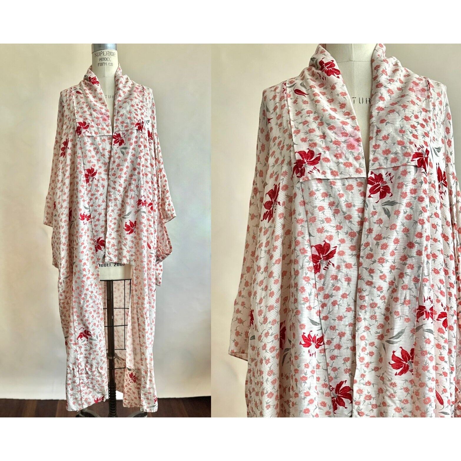 Vintage 1970s Silk Kimono In Red And Cream With Lily Flower Details / Floral