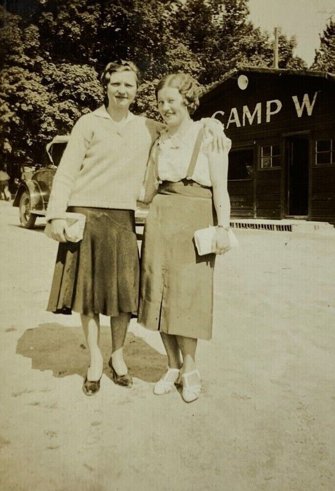 Two Women By Camp W Building Lake Wombasha New York B&W Photograph 2.5 x 3.5