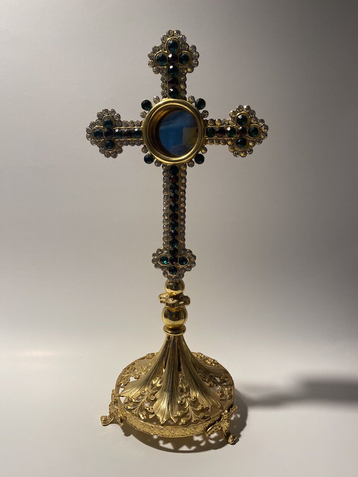 Exceptional Brass Cross Alter Reliquary Crucifix Jeweled Catholic Relic 12.5\