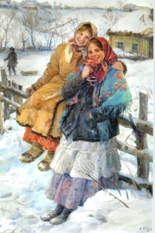 Russian beauties Cute GIRL in Folk Costume Peasant Winter NEW modern Postcard