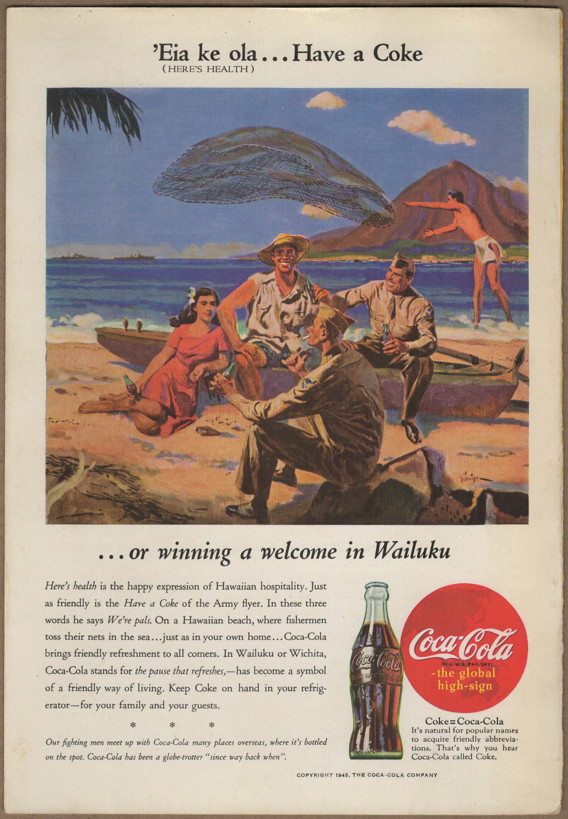 1945 Coca-Cola WWII Vintage Print Ad Soda Coke Soldiers in Hawaii on Beach