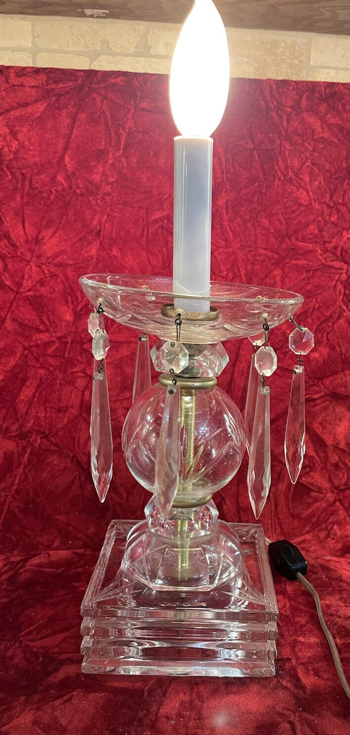 Vintage Elegant Parlor Mantle Hurricane Lamp Crystal Prisms 12” Unique