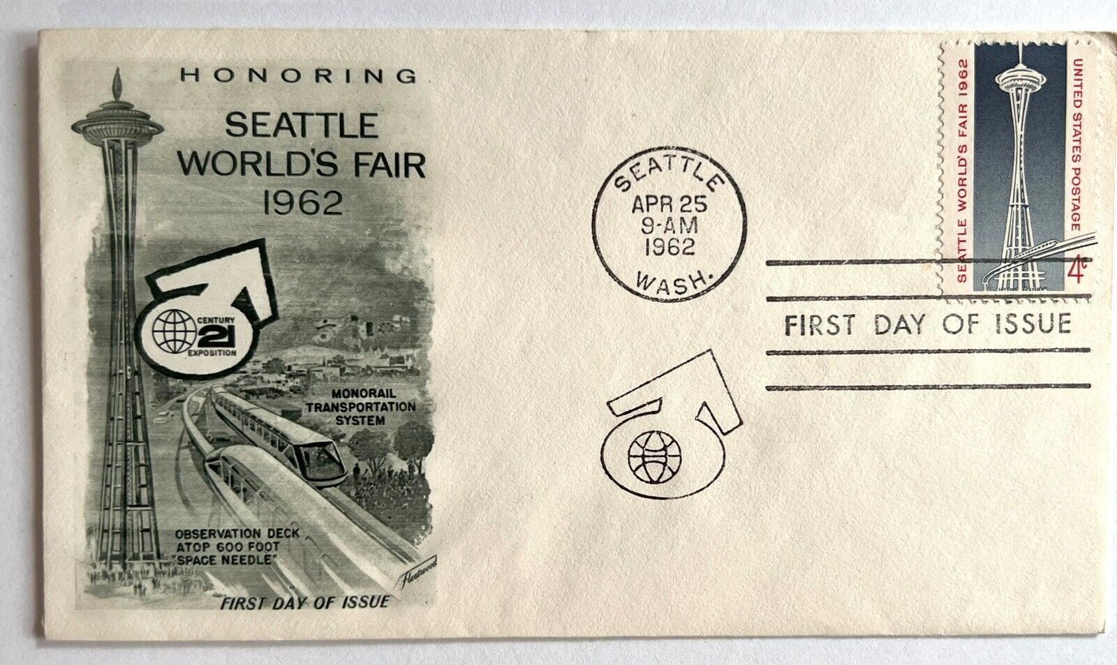 SEATTLE WORLD\'S FAIR 1962 FIRST DAY COVER MONORAIL SPACE NEEDLE OBSERVATION DECK