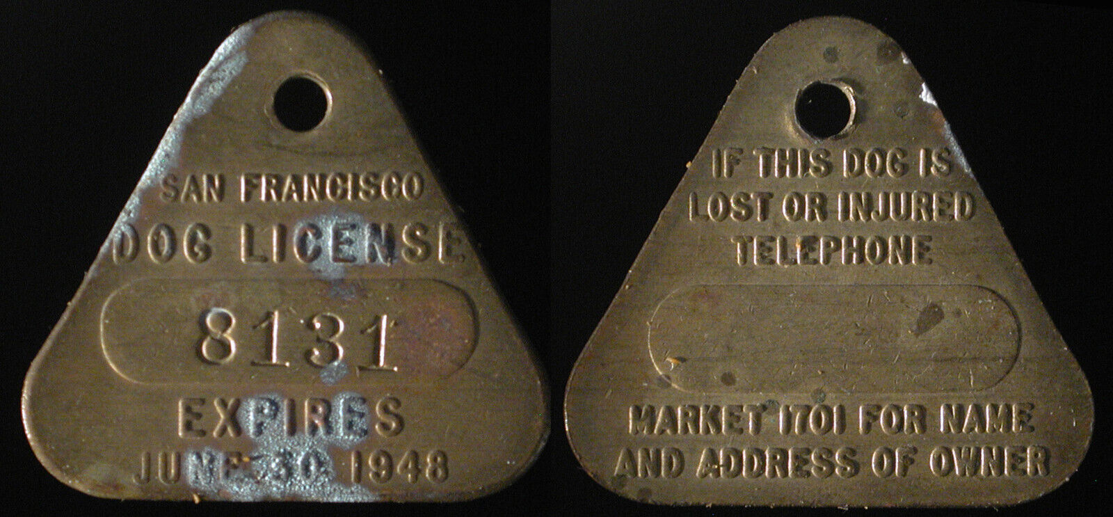1948 San Francisco, California dog license tag