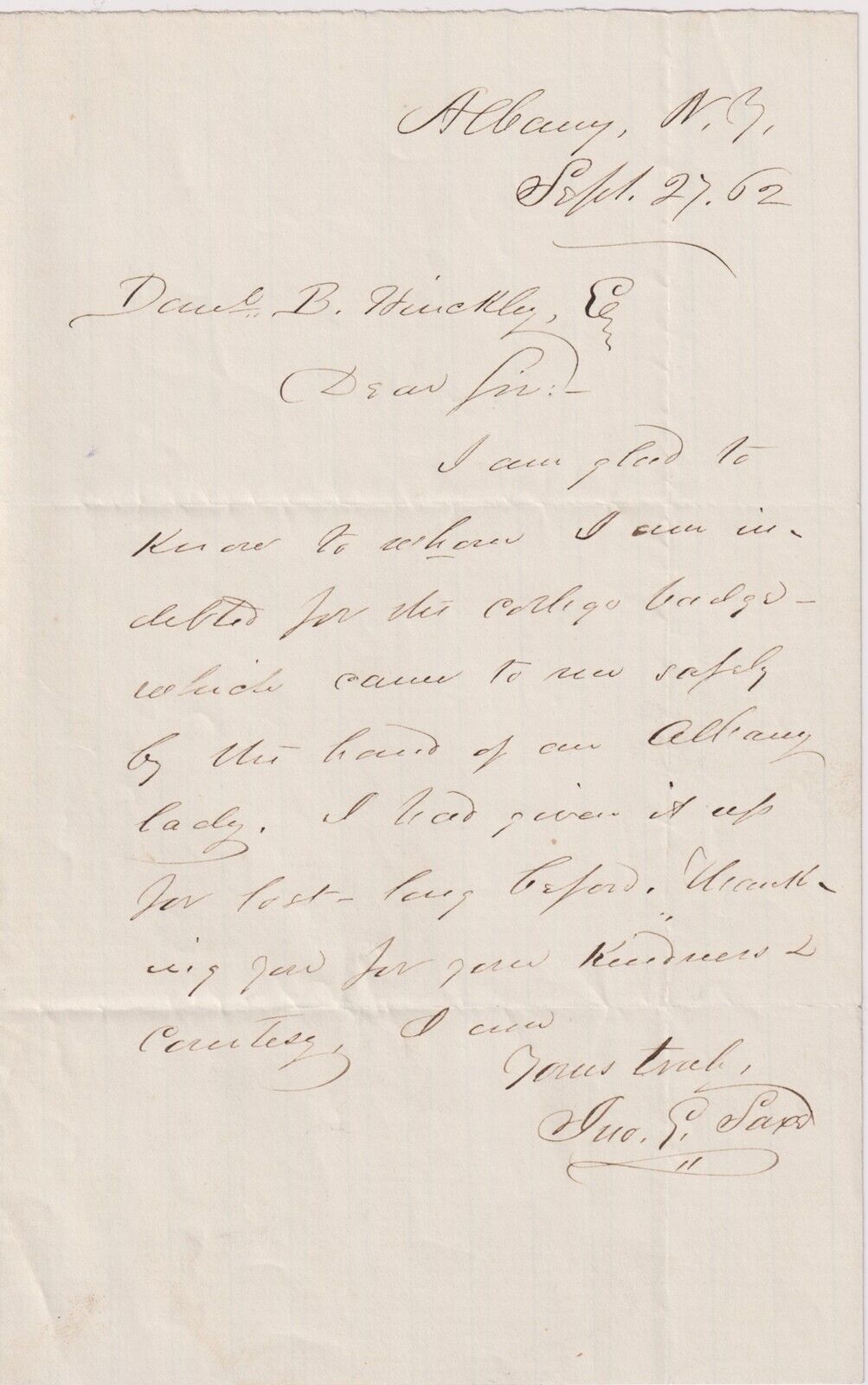 John G. Saxe - American  19th Cent. Poet, handwritten signed letter