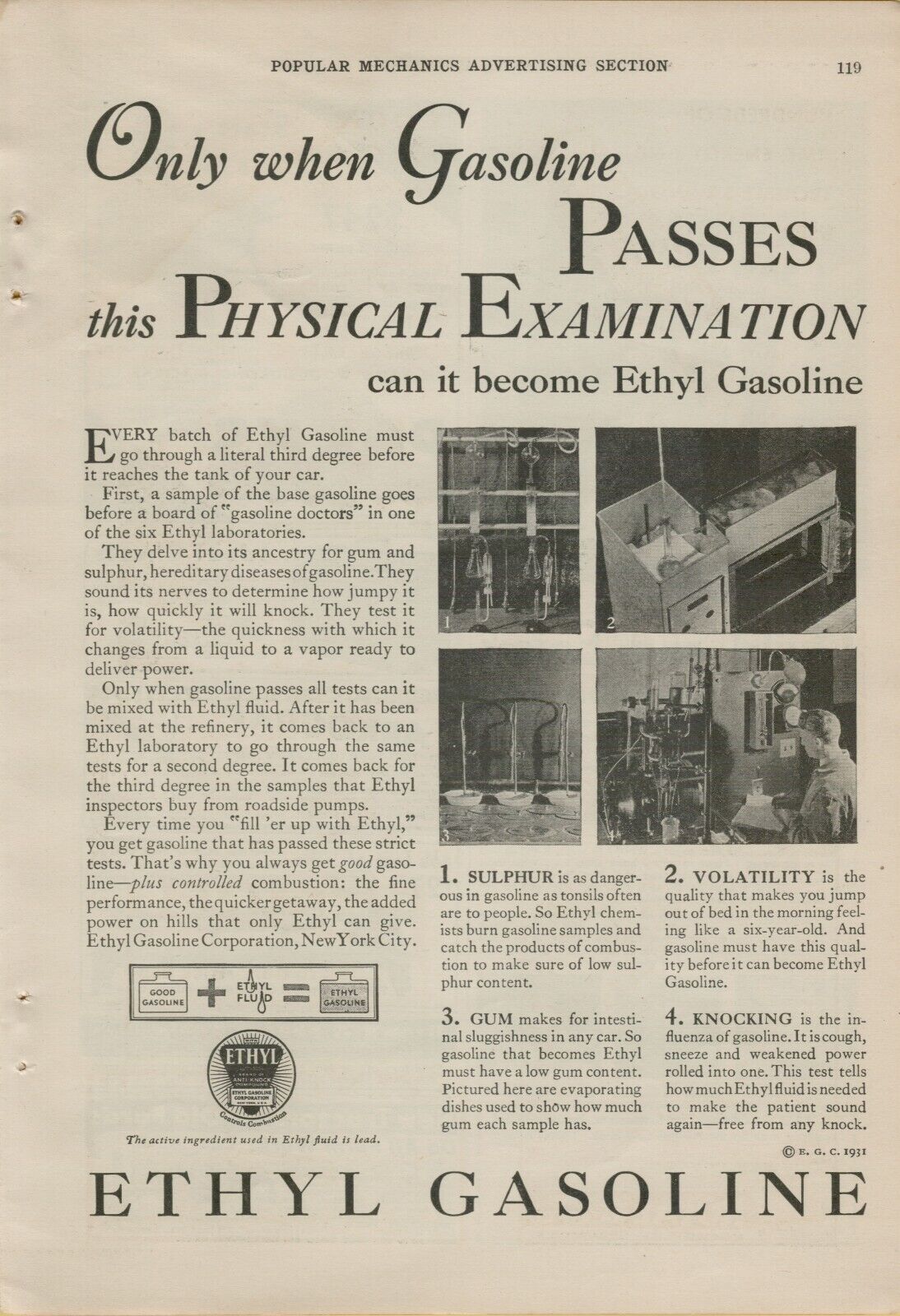 1931 Ethyl Gasoline Passes this Physical Exam Sulphur Gum Knock VINTAGE PRINT AD