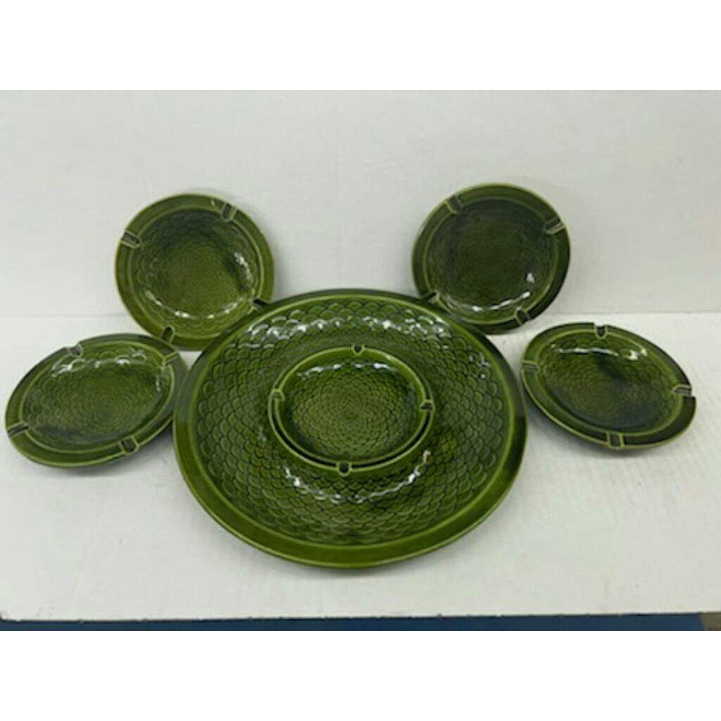 Vintage Set 5 Glass Ceramic Cigarette Ashtrays Green Cracked Pattern Mid Century
