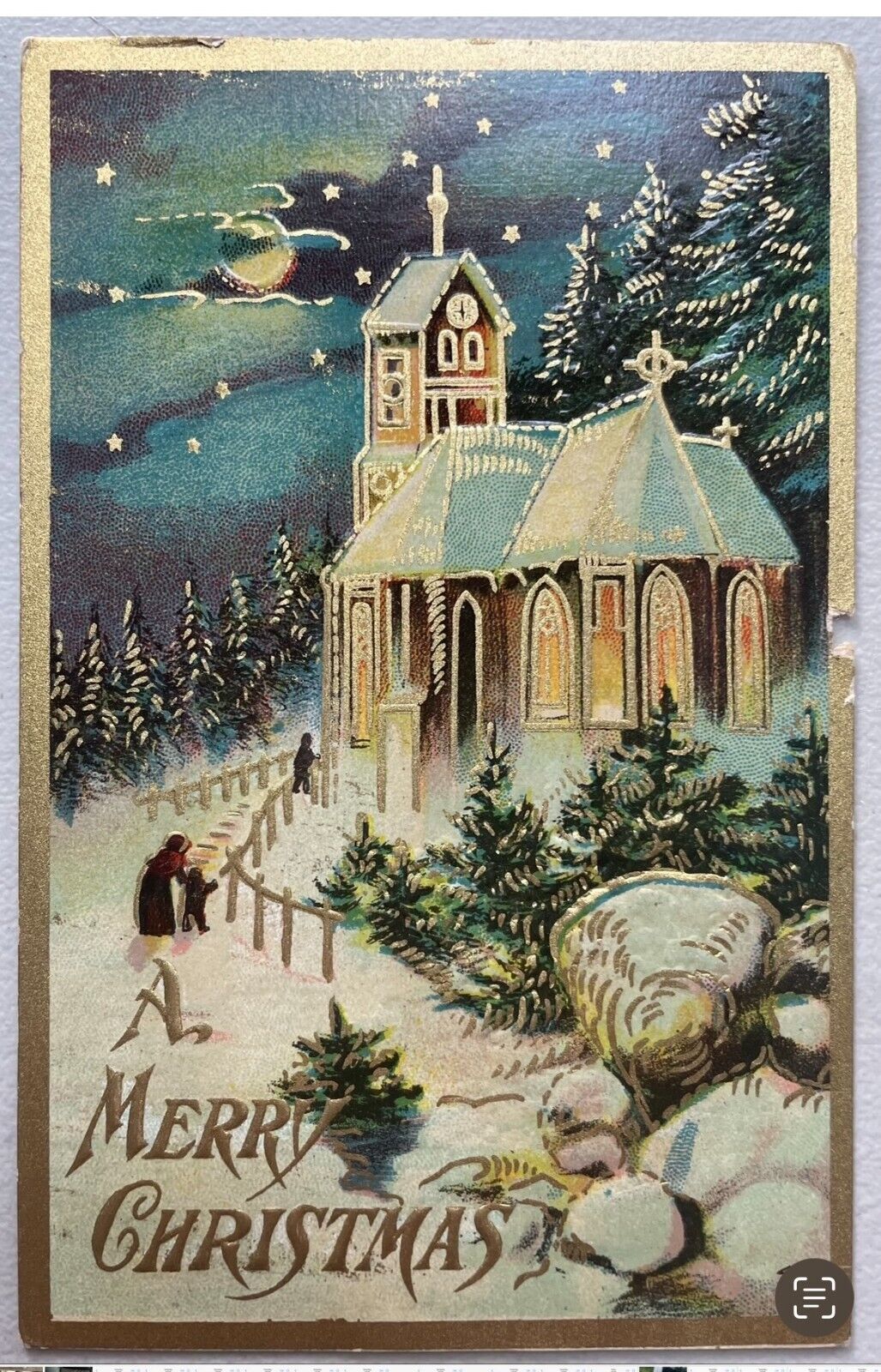 A Merry Christmas Church Snow Scene vintage postcard