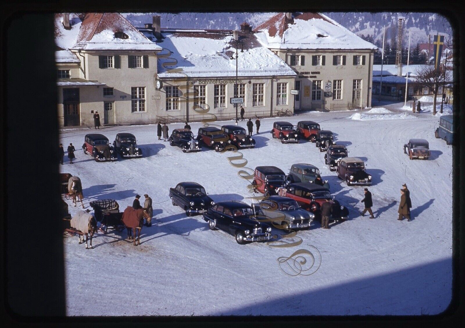 Garmisch Germany Mountain Town Car People 35mm Slide 1950s Red Border Kodachrome