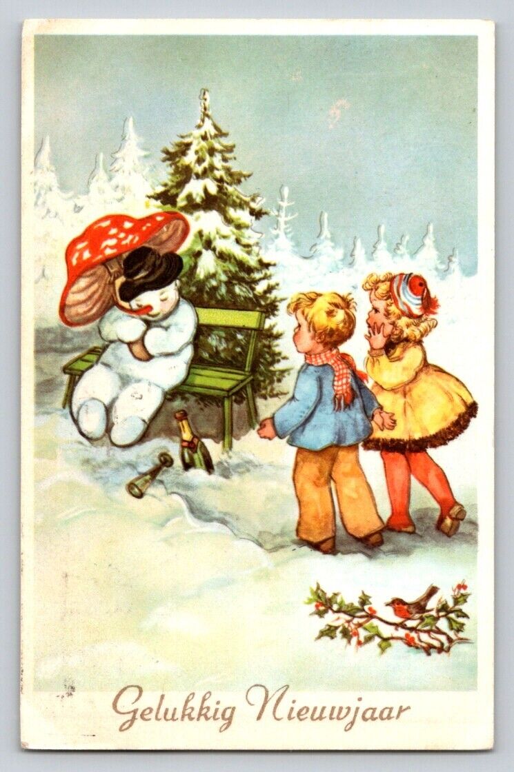 c1965 Huge Exaggerate Mushroom Snowman Children Happy New Year P424A