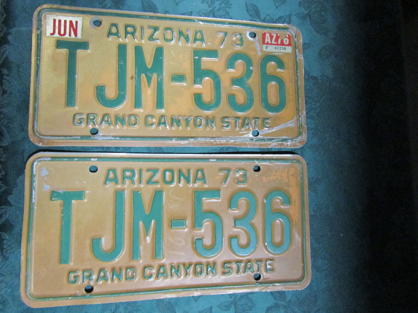 Pair of 1976 Arizona 1973 Base Orange Green License Plates TJM-536