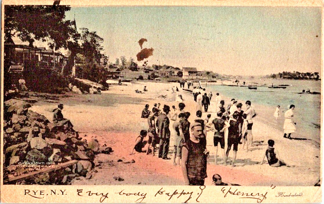 Rye New York 1907 beach scene hand colored postcard a67