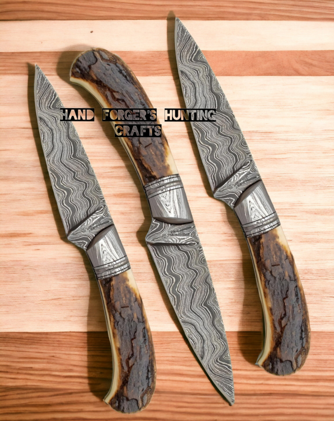 3 handmade Damascus knives, Survival knife with Stag horn Handle, Sharp knife