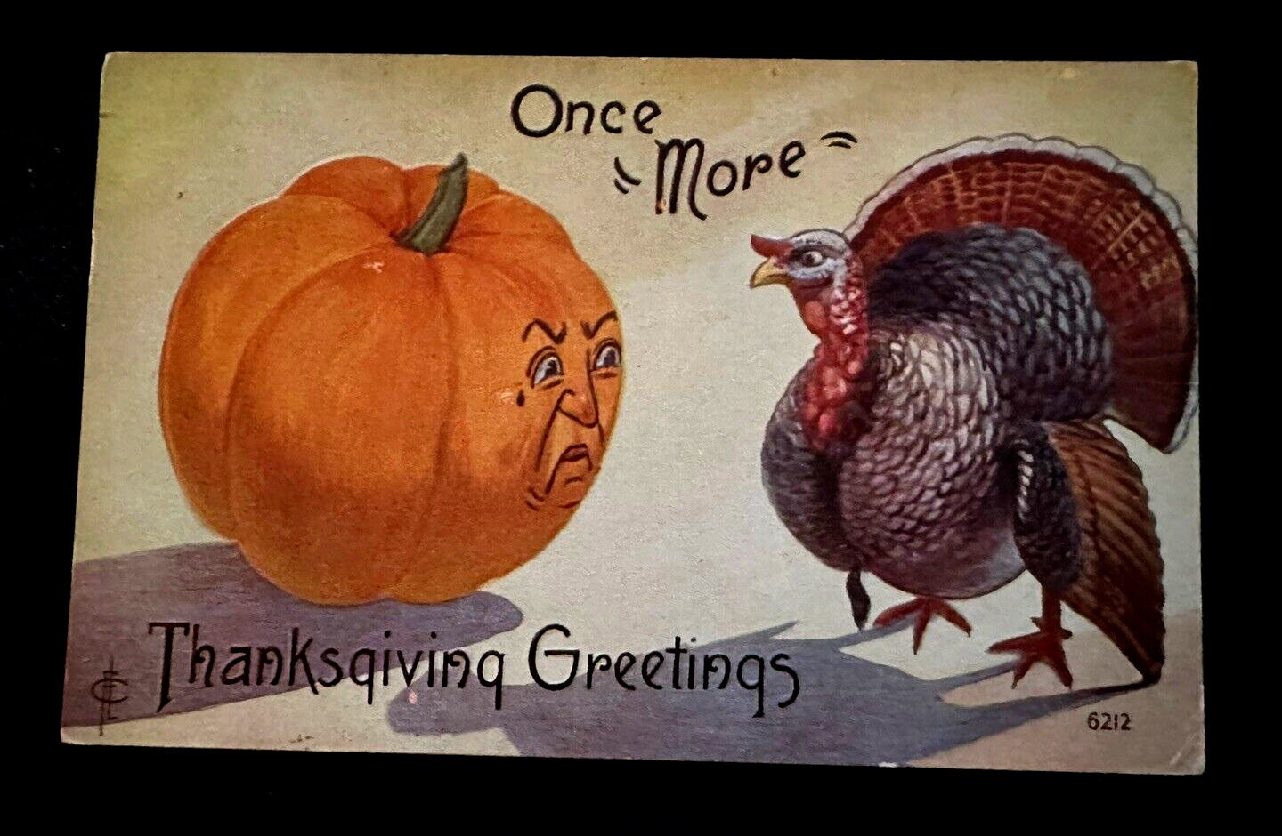 Unusual Anthropomorphic JOL Pumpkin with Turkey 1910 ~Thanksgiving Postcard~h974
