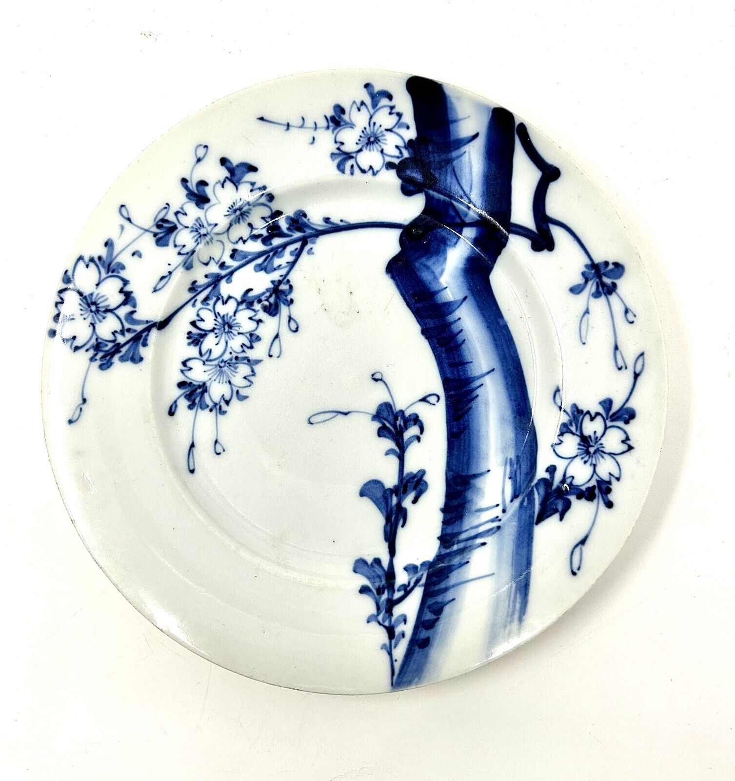 Vintage 8.5 Inch Blue & White Japanese Cherry Blossom Plate- Rising Sun Stamp