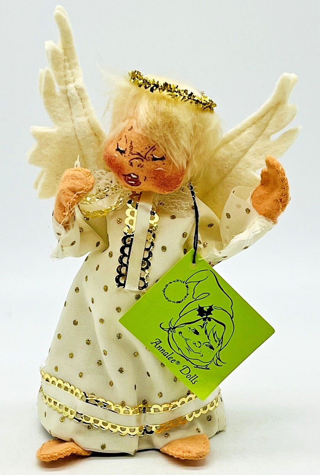 Annalee Angel Tree Topper 8 inch 1976 White Dress Gold Trim Made in USA