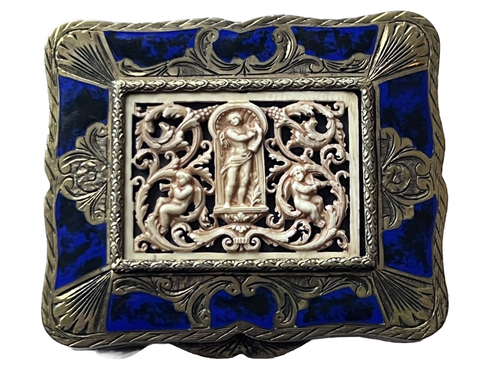 Antique Enamel Compact 800 Silver Carved Celluloid Cherubs Italian Art Nouveau